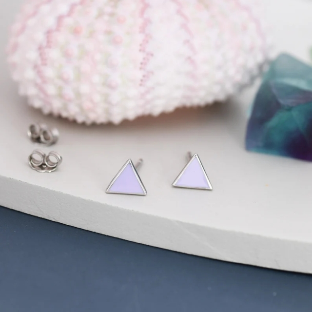 Pastel Purple Triangle Stud Earrings in Sterling Silver with Hand Painted Enamel, Black Stud, Tiny Triangle Stud