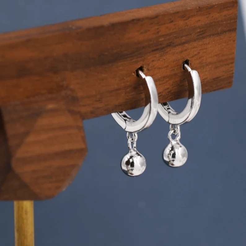 Dangle Ball Hoop Earrings in Sterling Silver, Dangle Hoop Earrings, Silver, Gold or Rose Gold, Silver Ball Huggie Hoops
