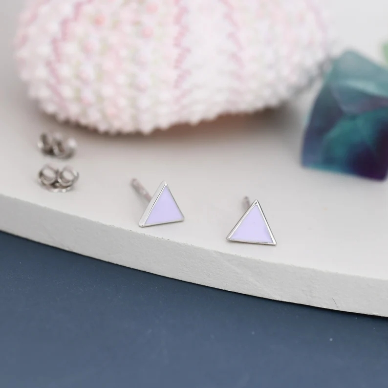 Pastel Purple Triangle Stud Earrings in Sterling Silver with Hand Painted Enamel, Black Stud, Tiny Triangle Stud