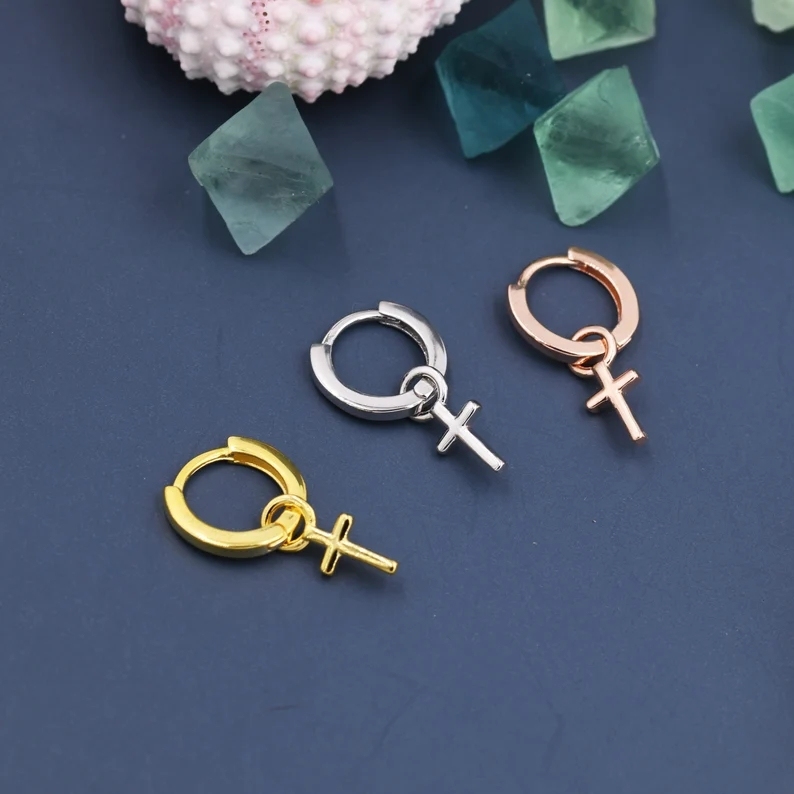 Sterling Silver Cross Hoop Earrings, 8mm or 10mm, Detachable Charm Hoop Earrings, Cross Earrings, Silver or Gold, Interchangeable