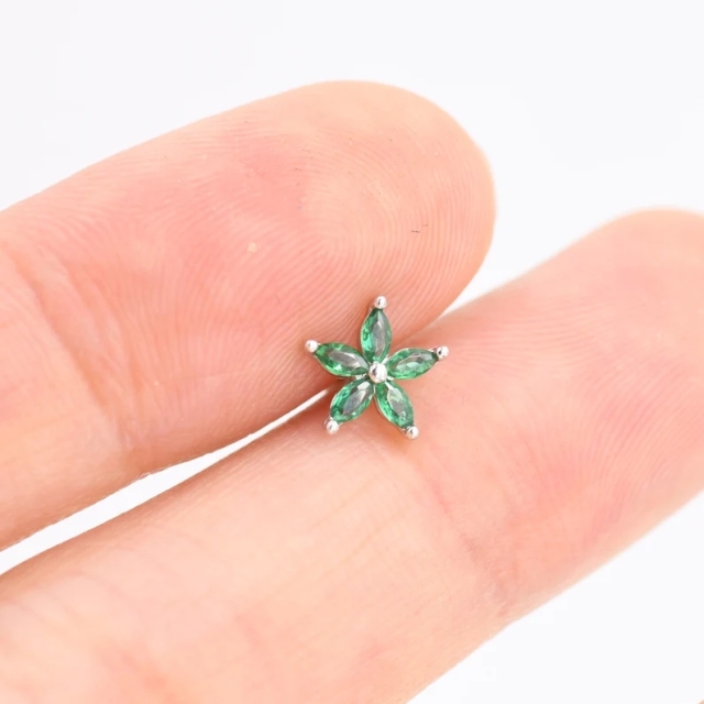 Sterling Silver Emerald Green CZ Flower Barbell Earrings, Gold or Silver, Marquise CZ Screw Back Earrings, Stacking Earings