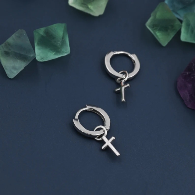 Sterling Silver Cross Hoop Earrings, 8mm or 10mm, Detachable Charm Hoop Earrings, Cross Earrings, Silver or Gold, Interchangeable