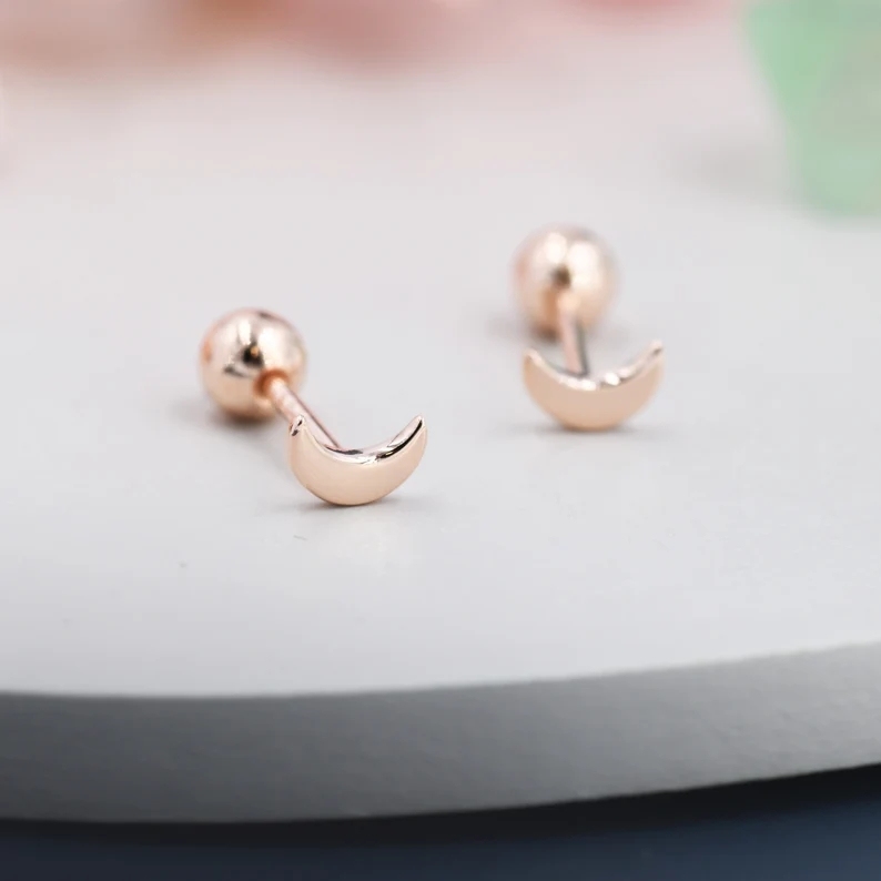 Tiny Crescent Moon Barbell Earrings in Sterling Silver, Screw Back Moon Earrings, Celestial Earrings
