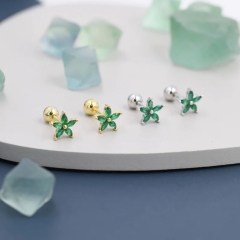 Sterling Silver Emerald Green CZ Flower Barbell Earrings, Gold or Silver, Marquise CZ Screw Back Earrings, Stacking Earings
