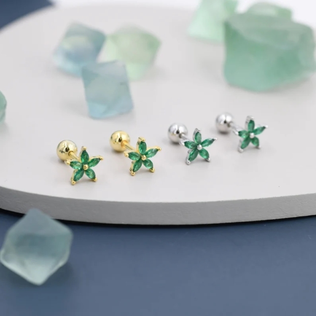 Sterling Silver Emerald Green CZ Flower Barbell Earrings, Gold or Silver, Marquise CZ Screw Back Earrings, Stacking Earings