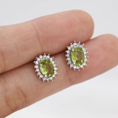 Sterling Silver Natural Peridot Oval Stud Earrings, Oavl Halo Stud, Genuine Peridot Gemstone Stud, Minimalist Style, August Birthstone
