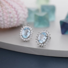 Sterling Silver Natural Blue Topaz Oval Stud Earrings, Oval Halo Stud, Genuine Topaz Gemstone Stud, Minimalist Style, November Birthstone