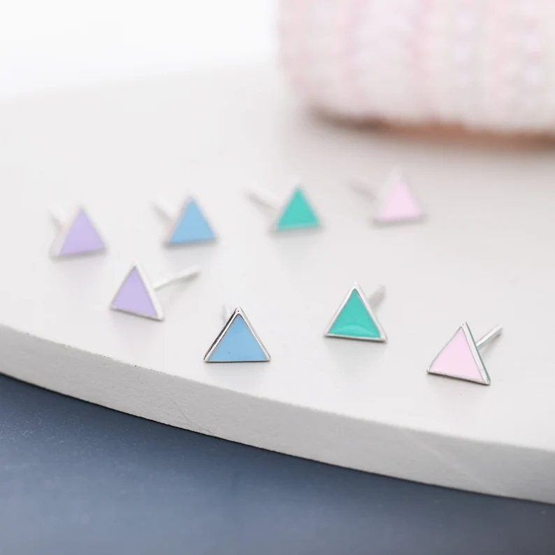 Pastel Blue Triangle Stud Earrings in Sterling Silver with Hand Painted Enamel, Pastel Blue Stud, Tiny Triangle Stud