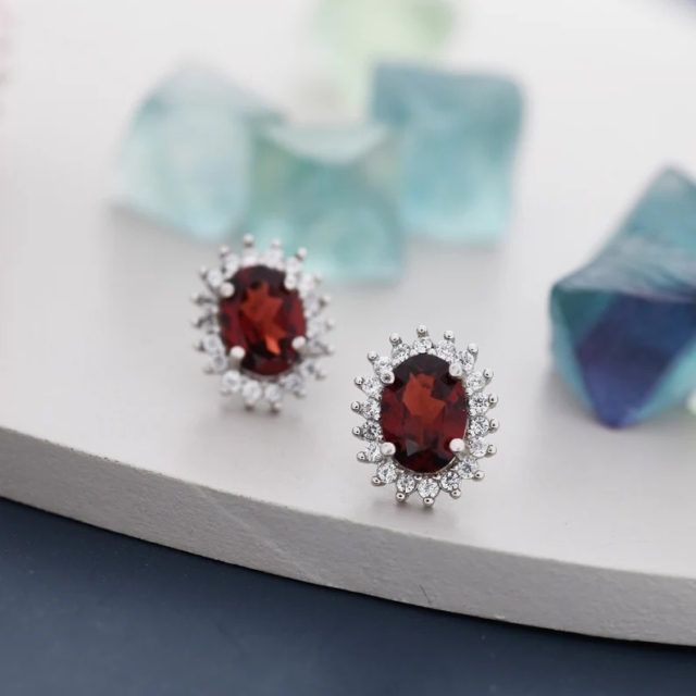 Sterling Silver Natural Garnet Oval Stud Earrings, Oavl Halo Stud, Genuine Garnet Gemstone Stud, Minimalist Style, January Birthstone