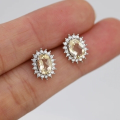 Sterling Silver Natural Citrine Oval Stud Earrings, Oval Halo Stud, Genuine Citrine Gemstone Stud, Minimalist Style, November Birthstone