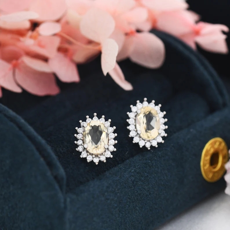Sterling Silver Natural Citrine Oval Stud Earrings, Oval Halo Stud, Genuine Citrine Gemstone Stud, Minimalist Style, November Birthstone