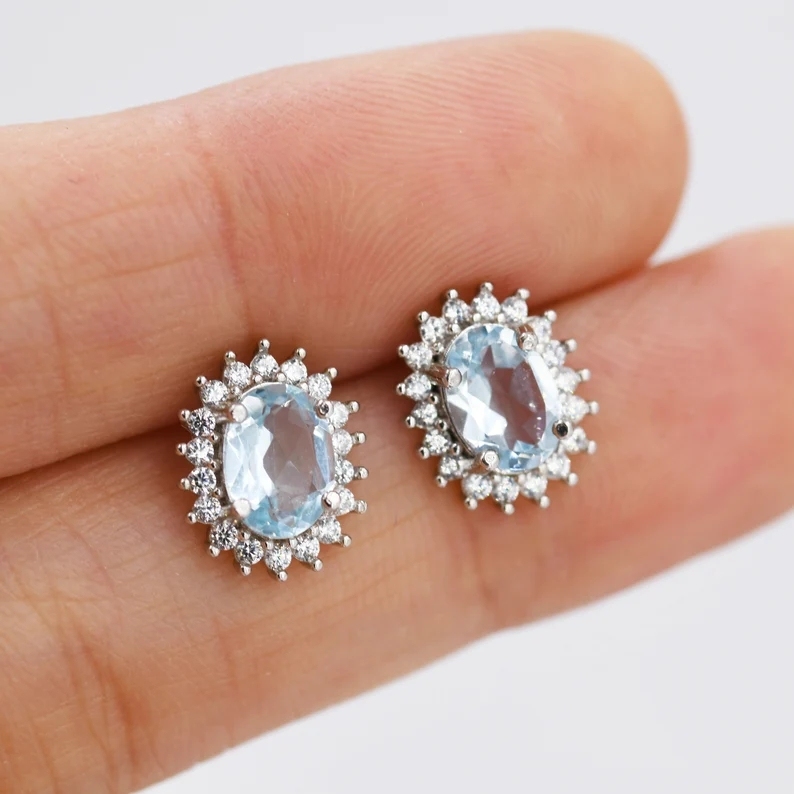 Sterling Silver Natural Blue Topaz Oval Stud Earrings, Oval Halo Stud, Genuine Topaz Gemstone Stud, Minimalist Style, November Birthstone