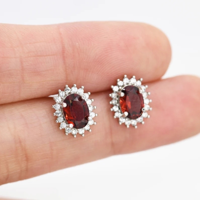 Sterling Silver Natural Garnet Oval Stud Earrings, Oavl Halo Stud, Genuine Garnet Gemstone Stud, Minimalist Style, January Birthstone