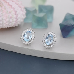 Sterling Silver Natural Blue Topaz Oval Stud Earrings, Oval Halo Stud, Genuine Topaz Gemstone Stud, Minimalist Style, November Birthstone