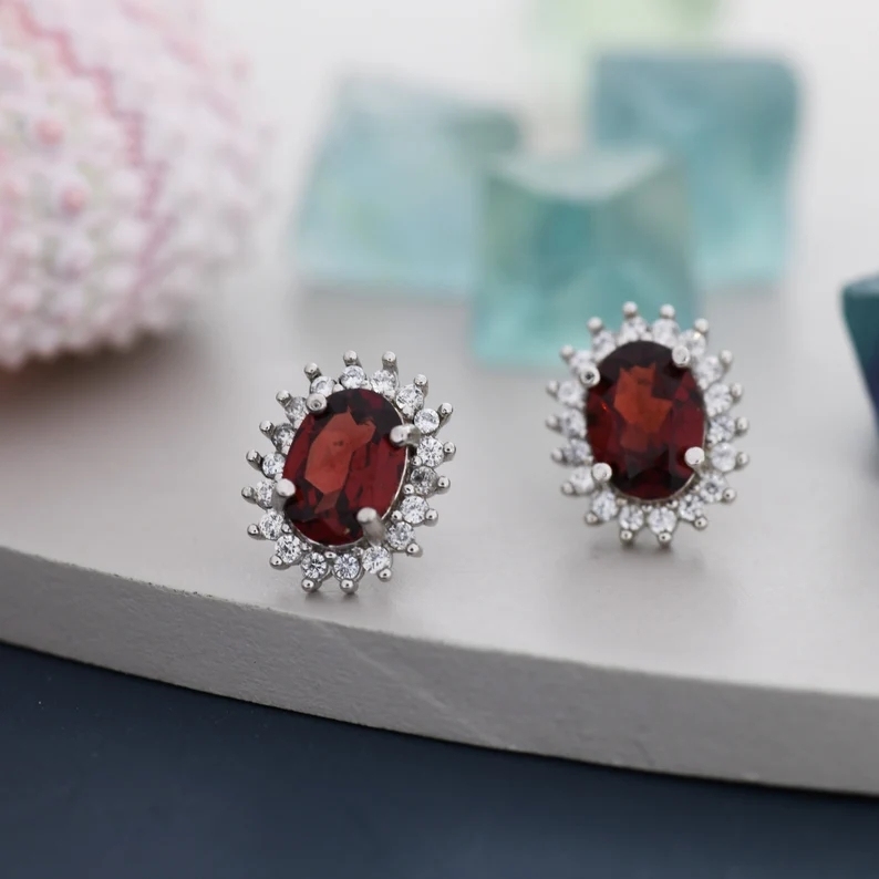 Sterling Silver Natural Garnet Oval Stud Earrings, Oavl Halo Stud, Genuine Garnet Gemstone Stud, Minimalist Style, January Birthstone