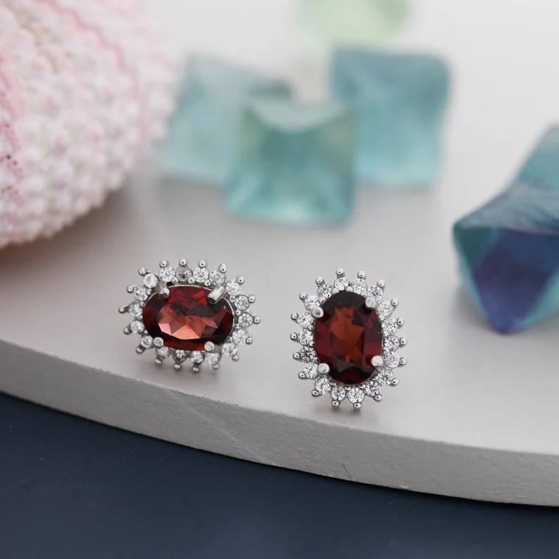 Sterling Silver Natural Garnet Oval Stud Earrings, Oavl Halo Stud, Genuine Garnet Gemstone Stud, Minimalist Style, January Birthstone