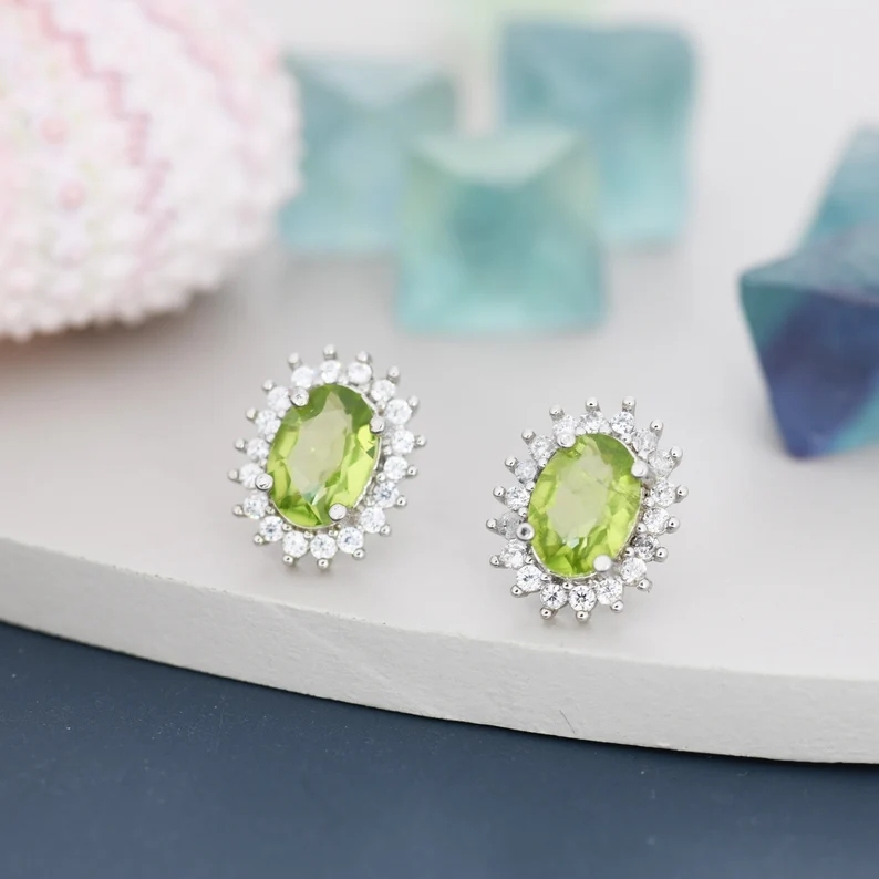 Sterling Silver Natural Peridot Oval Stud Earrings, Oavl Halo Stud, Genuine Peridot Gemstone Stud, Minimalist Style, August Birthstone