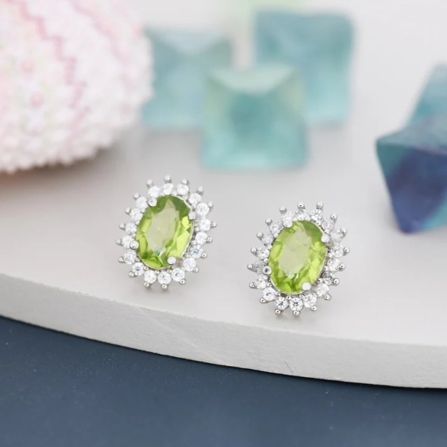 Sterling Silver Natural Peridot Oval Stud Earrings, Oavl Halo Stud, Genuine Peridot Gemstone Stud, Minimalist Style, August Birthstone