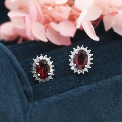 Sterling Silver Natural Garnet Oval Stud Earrings, Oavl Halo Stud, Genuine Garnet Gemstone Stud, Minimalist Style, January Birthstone