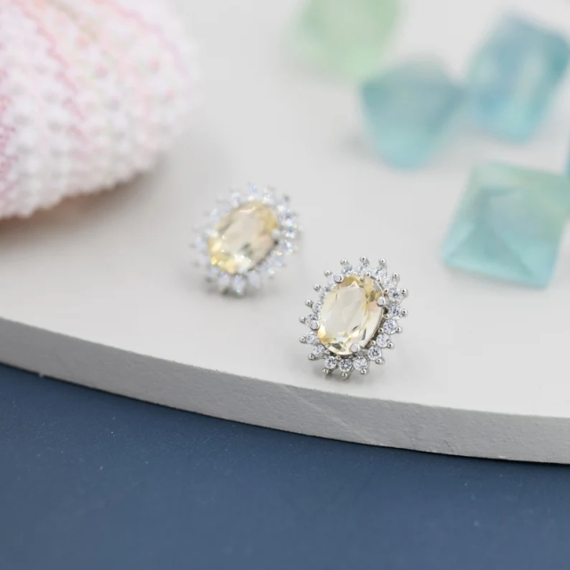 Sterling Silver Natural Citrine Oval Stud Earrings, Oval Halo Stud, Genuine Citrine Gemstone Stud, Minimalist Style, November Birthstone