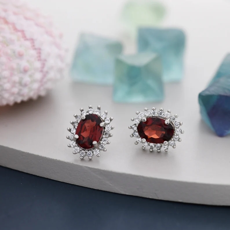 Sterling Silver Natural Garnet Oval Stud Earrings, Oavl Halo Stud, Genuine Garnet Gemstone Stud, Minimalist Style, January Birthstone