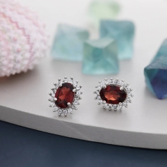 Sterling Silver Natural Garnet Oval Stud Earrings, Oavl Halo Stud, Genuine Garnet Gemstone Stud, Minimalist Style, January Birthstone