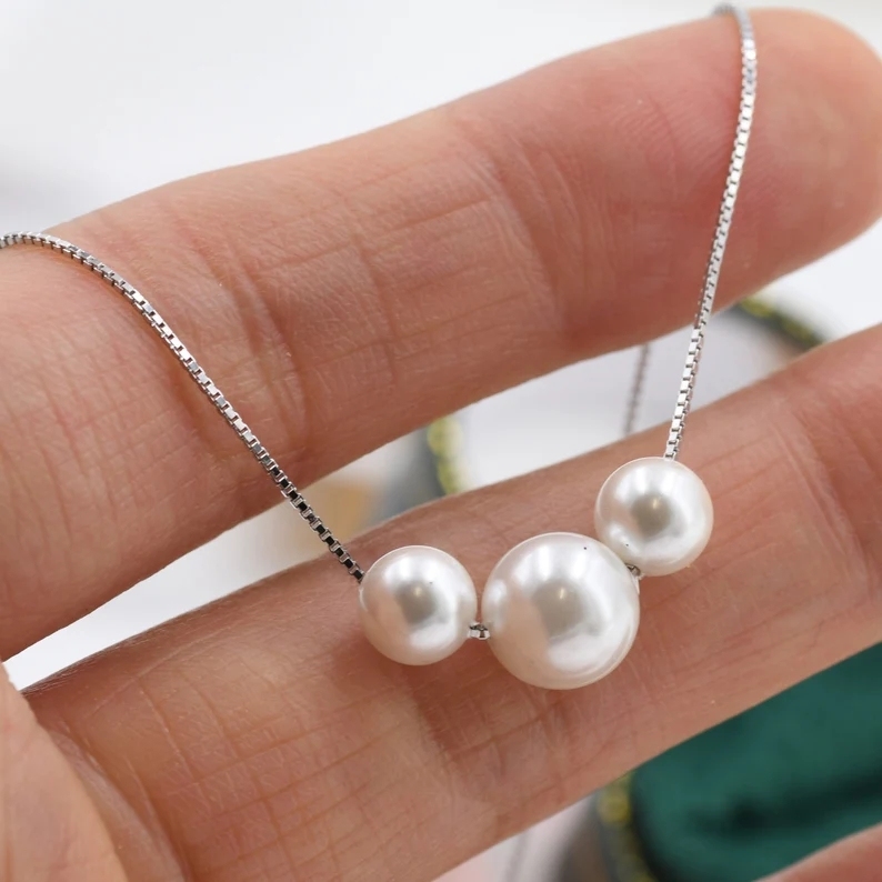 Three Pearl Beaded Choker Necklace in Sterling Silver, 16 inch, Mother of Pearl Beads, Mother and Daughters Necklace, Gifts, Pearls Necklace