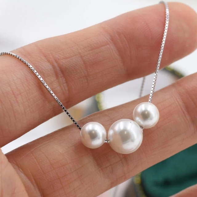 Three Pearl Beaded Choker Necklace in Sterling Silver, 16 inch, Mother of Pearl Beads, Mother and Daughters Necklace, Gifts, Pearls Necklace