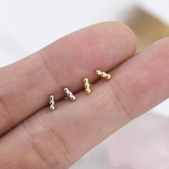 Tiny Three Dot Stud Earrings in Sterling Silver, Tiny Bar Earrings, Beaded Bar, Bauble Earrings, Pebble, Silver or Gold, Stacking Earrings