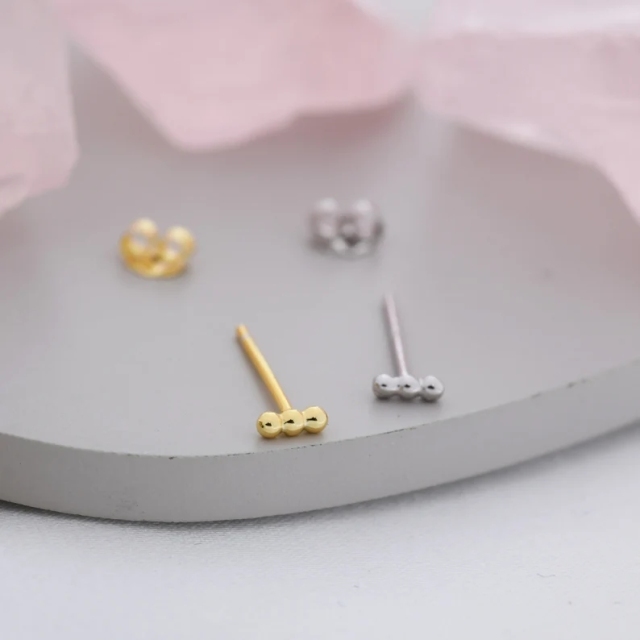 Tiny Three Dot Stud Earrings in Sterling Silver, Tiny Bar Earrings, Beaded Bar, Bauble Earrings, Pebble, Silver or Gold, Stacking Earrings
