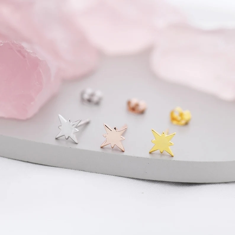 Starburst Stud Earrings in Sterling Silver, North Star Earrings, Silver, Gold or Rose Gold, Star Earrings, Celestial Earrings
