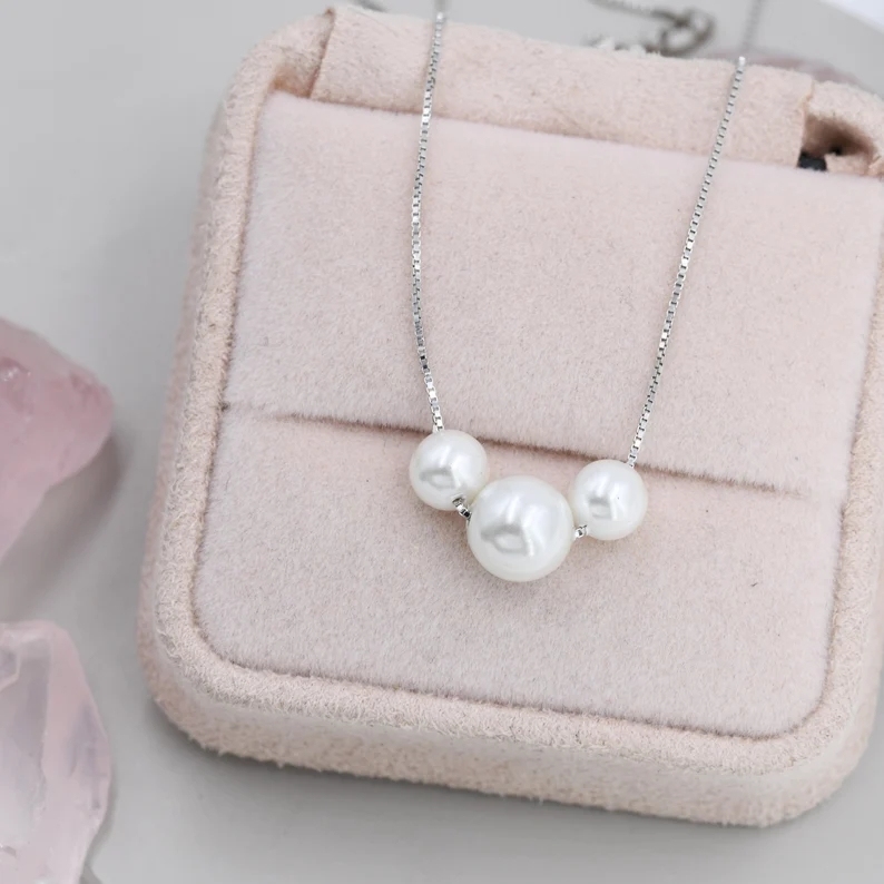 Three Pearl Beaded Choker Necklace in Sterling Silver, 16 inch, Mother of Pearl Beads, Mother and Daughters Necklace, Gifts, Pearls Necklace