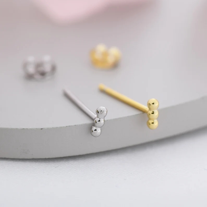 Tiny Three Dot Stud Earrings in Sterling Silver, Tiny Bar Earrings, Beaded Bar, Bauble Earrings, Pebble, Silver or Gold, Stacking Earrings