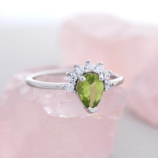Genuine Pear Cut Peridot Crown Ring in Sterling Silver, Natural Peridot Crystal Ring, Vintage Inspired Design