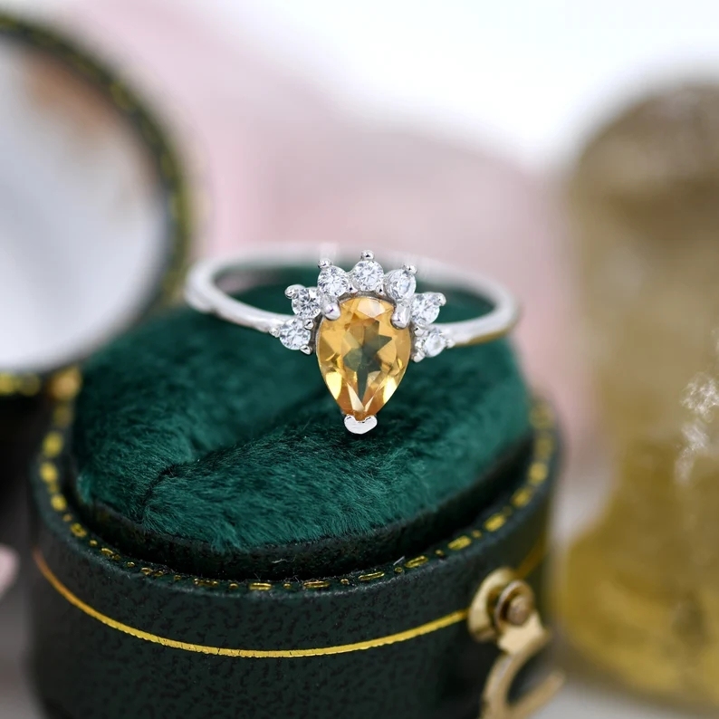 Genuine Pear Cut Citrine Crown Ring in Sterling Silver, Natural Yellow Citrine CZ Ring, Vintage Inspired Design