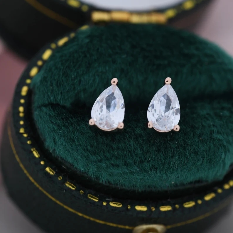 Sterling Silver Pear Cut CZ Earrings, Droplet Earrigns, April Birthstone CZ Earrings, Silver, Gold or Rose Gold