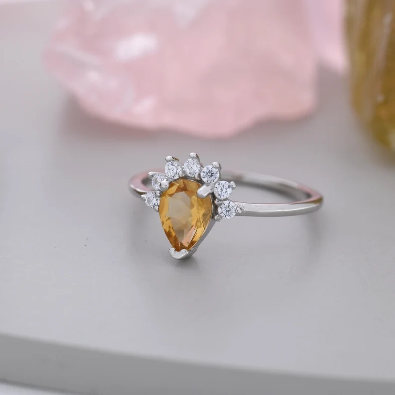 Genuine Pear Cut Citrine Crown Ring in Sterling Silver, Natural Yellow Citrine CZ Ring, Vintage Inspired Design