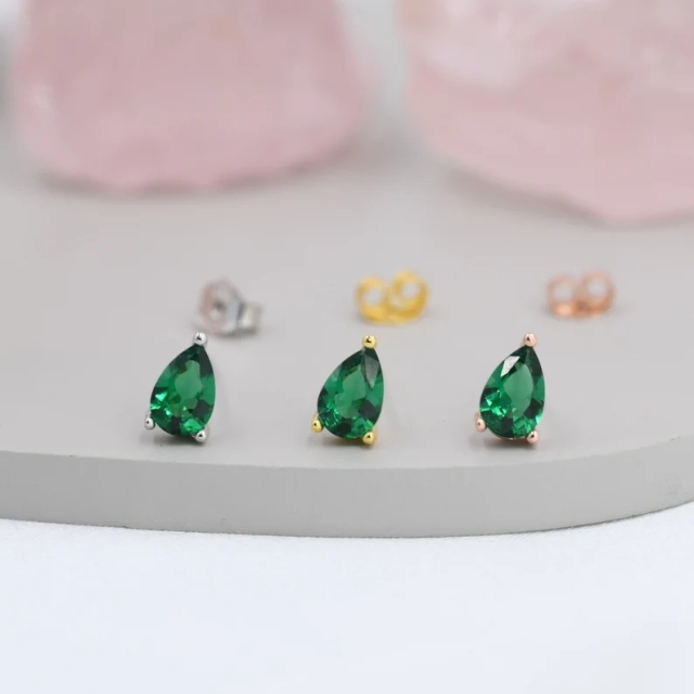 Sterling Silver Emerald Green Droplet Earrigns, Pear Cut Emerald Earrings, May Birthstone CZ Earrings, Silver, Gold or Rose Gold