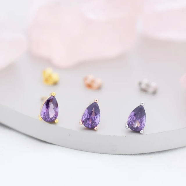 Sterling Silver Pear Cut Amethyst CZ Earrings, Purple Droplet Earrigns, February Birthstone CZ Earrings, Silver, Gold or Rose Gold