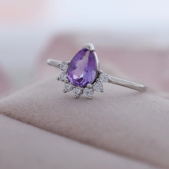 Genuine Pear Cut Amethyst Crown Ring in Sterling Silver, Natural Amethyst CZ Ring, Vintage Inspired Design