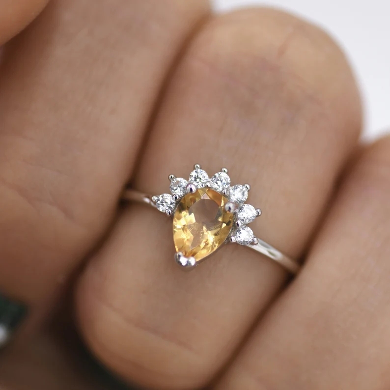 Genuine Pear Cut Citrine Crown Ring in Sterling Silver, Natural Yellow Citrine CZ Ring, Vintage Inspired Design