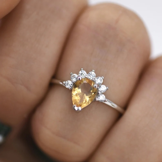 Genuine Pear Cut Citrine Crown Ring in Sterling Silver, Natural Yellow Citrine CZ Ring, Vintage Inspired Design