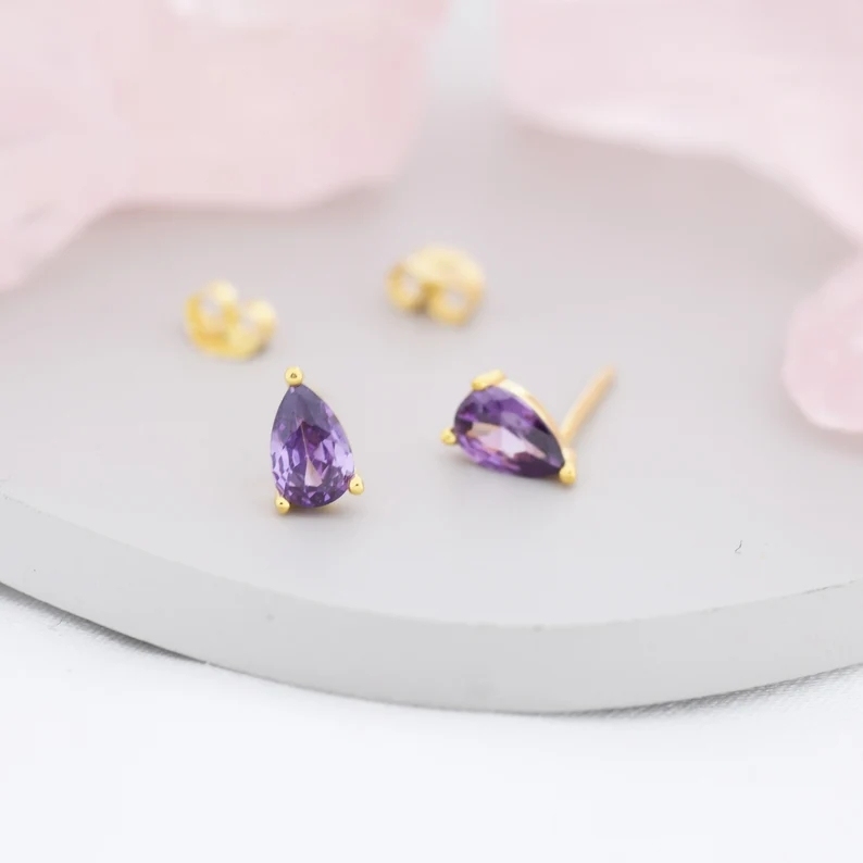 Sterling Silver Pear Cut Amethyst CZ Earrings, Purple Droplet Earrigns, February Birthstone CZ Earrings, Silver, Gold or Rose Gold