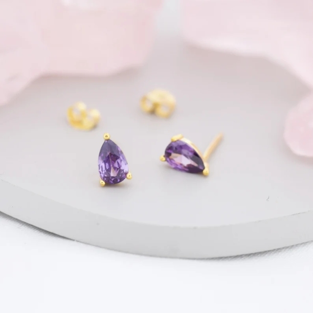Sterling Silver Pear Cut Amethyst CZ Earrings, Purple Droplet Earrigns, February Birthstone CZ Earrings, Silver, Gold or Rose Gold