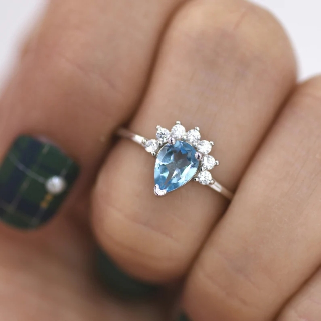 Genuine Pear Cut Swiss Blue Topaz Crown Ring in Sterling Silver, Natural Blue Topaz CZ Ring, Vintage Inspired Design