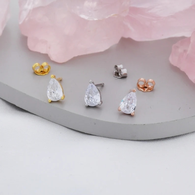 Sterling Silver Pear Cut CZ Earrings, Droplet Earrigns, April Birthstone CZ Earrings, Silver, Gold or Rose Gold