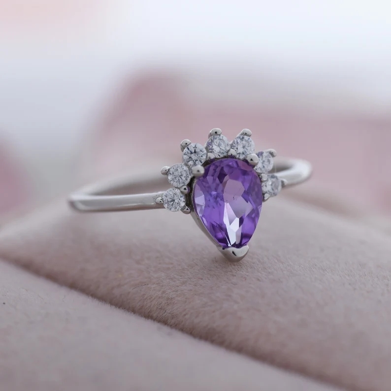 Genuine Pear Cut Amethyst Crown Ring in Sterling Silver, Natural Amethyst CZ Ring, Vintage Inspired Design