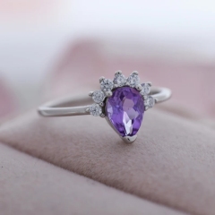 Genuine Pear Cut Amethyst Crown Ring in Sterling Silver, Natural Amethyst CZ Ring, Vintage Inspired Design