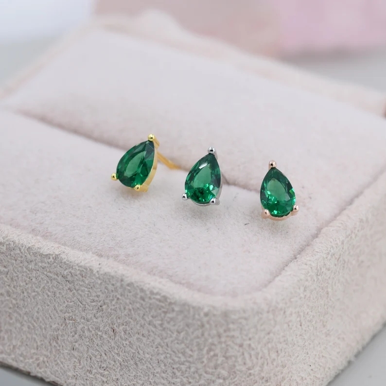 Sterling Silver Emerald Green Droplet Earrigns, Pear Cut Emerald Earrings, May Birthstone CZ Earrings, Silver, Gold or Rose Gold