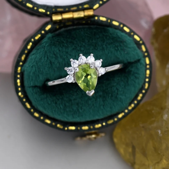 Genuine Pear Cut Peridot Crown Ring in Sterling Silver, Natural Peridot Crystal Ring, Vintage Inspired Design